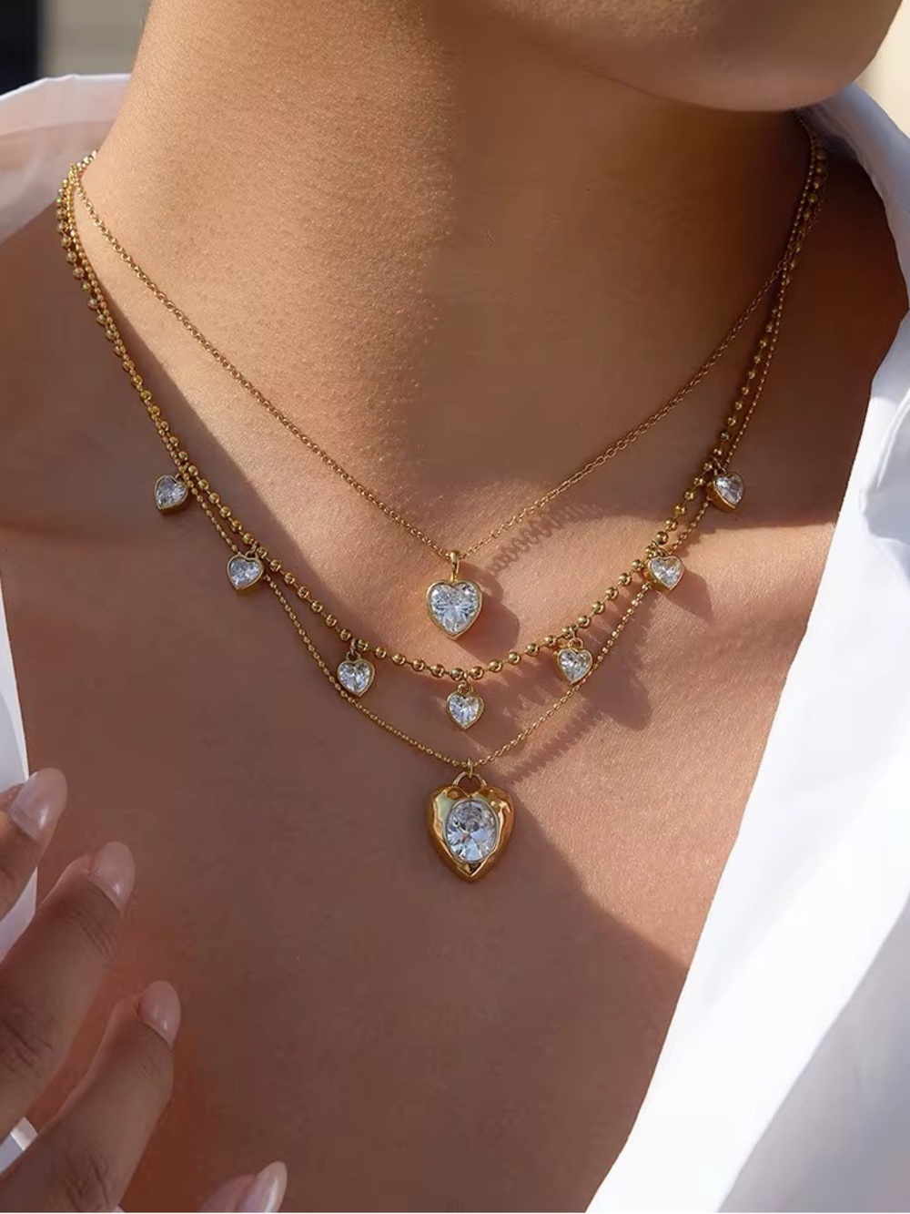 Gold Heart Layered Necklace with Clear Crystal Pendants